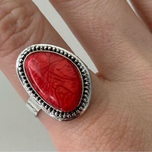 Adjustable Silver-Tone Statement Ring with Red Oval Stone